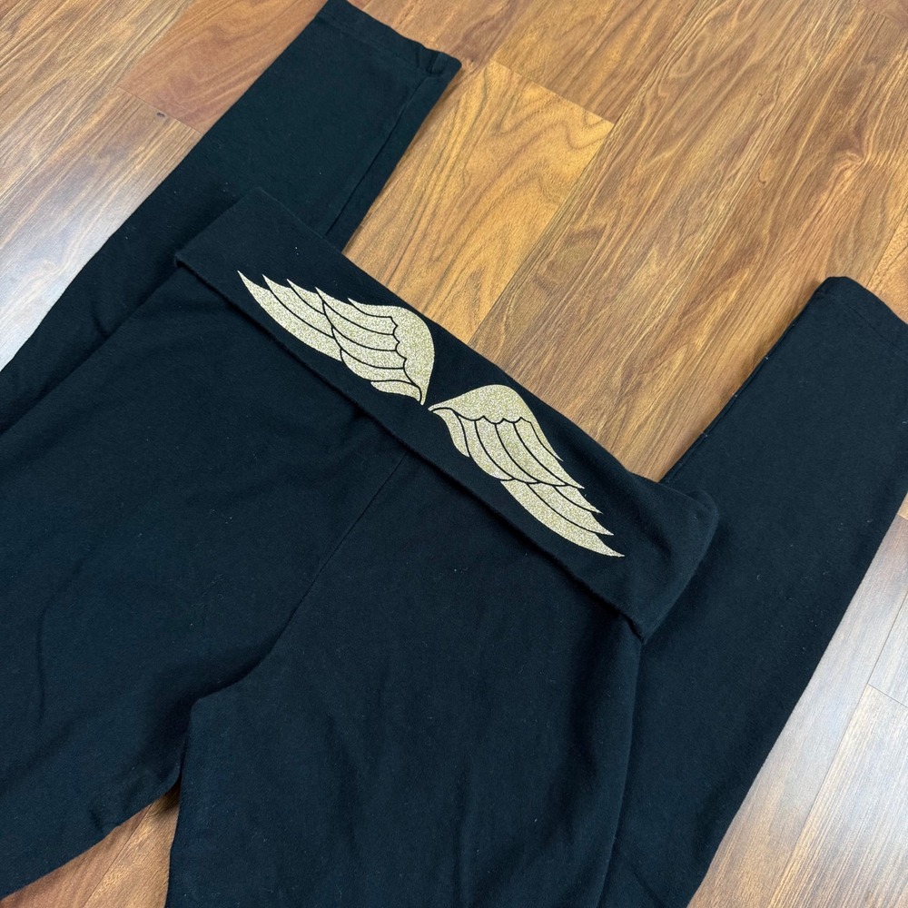 Victoria's Secret Black Foldover Yoga Leggings Gold Glitter Angel Wings Medium
